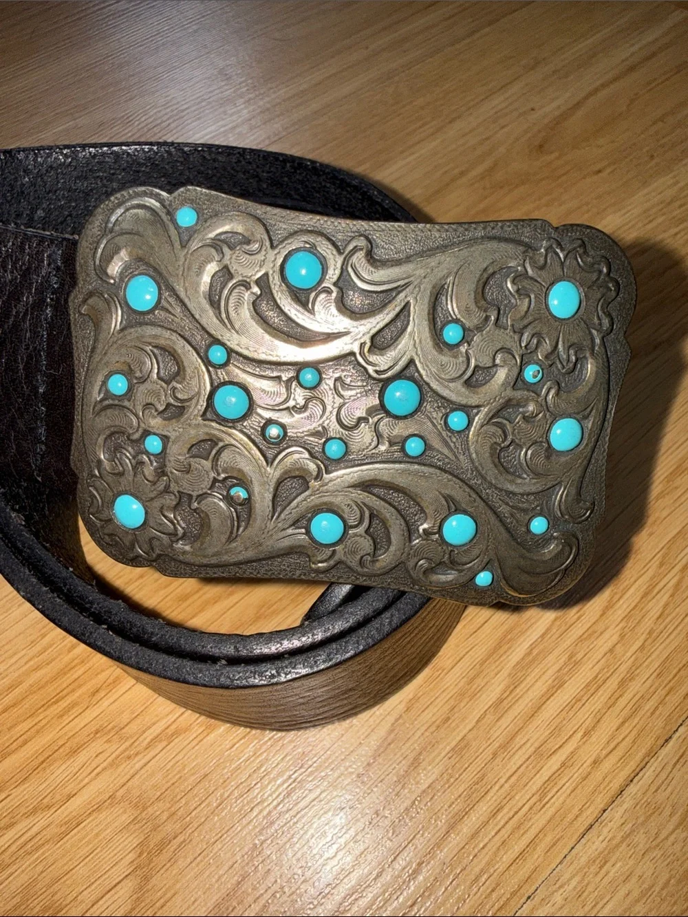 Vintage Fossil Leather Brown Belt Turquoise Buckle Western Size Small